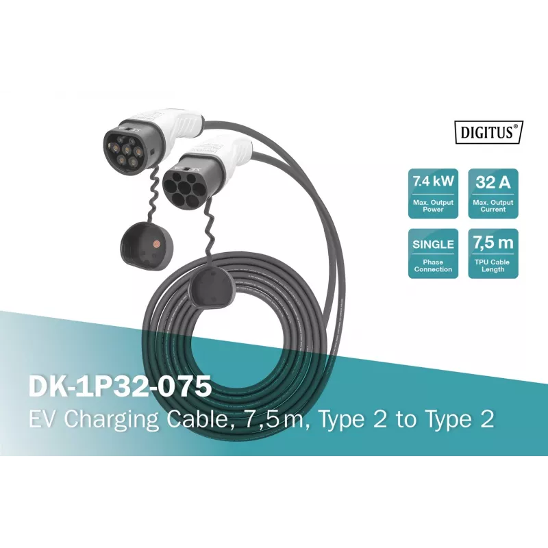 Καλώδιο φόρτισης EV Digitus 7,5 m Type 2 σε Type 2 32 A 240 V