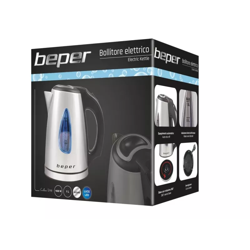 Beper BB.002 ηλεκτρικός βραστήρας, 1 l, 1630 W, ανοξείδωτο ατσάλι/μαύρο