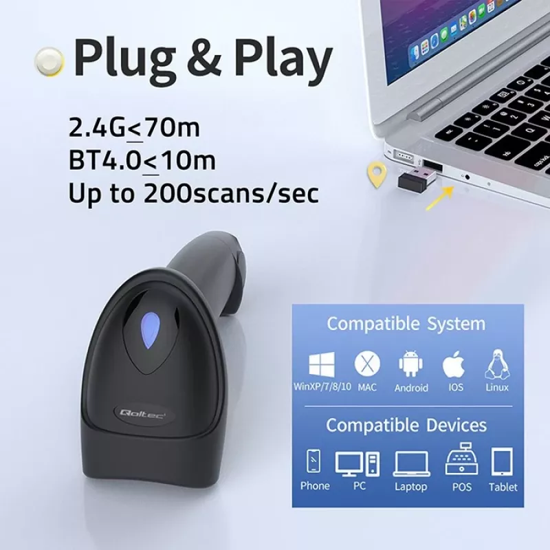 Σαρωτής barcode QOLTEC 50880 1D/2D USB — Σαρωτής χειρός με υποδοχή USB