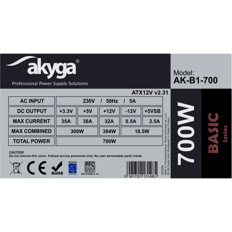 Akyga AK-B1-700 Basic 700 W ATX τροφοδοτικό, παθητικό PFC, ανεμιστήρας 120 mm, γκρι