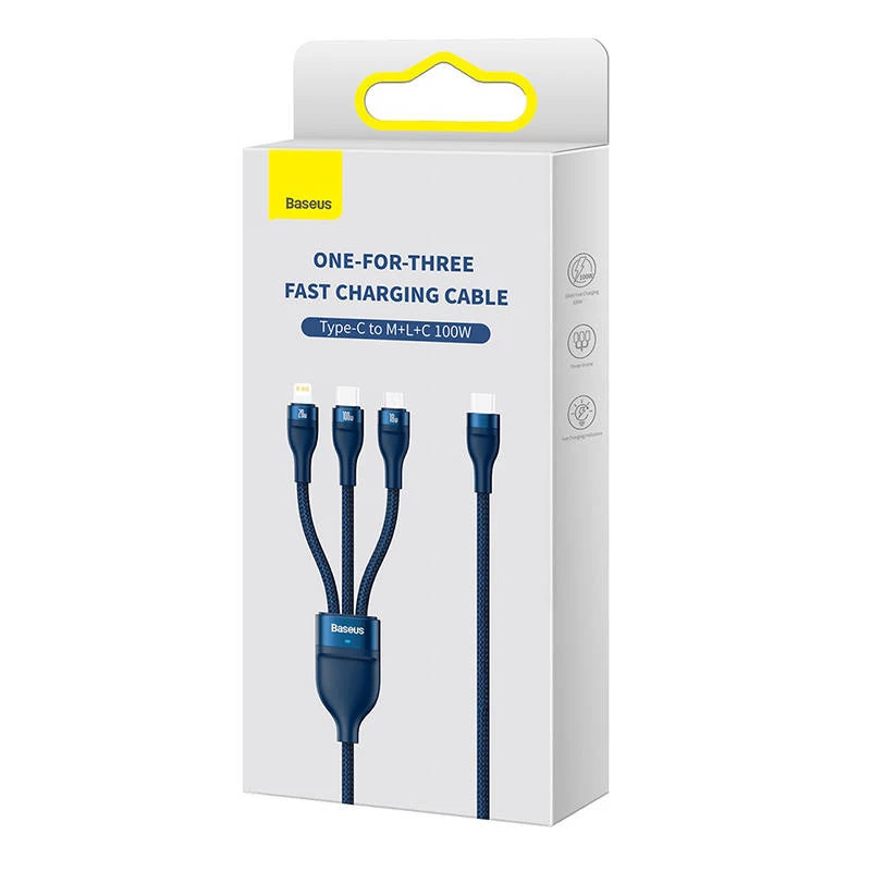 Καλώδιο USB 3in1 Baseus Flash Series 2, USB-C + Micro-USB + Lightning, 100 W, 1,5 m (μπλε)