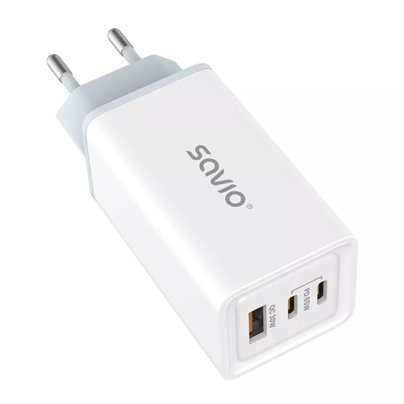 Τροφοδοτικό SAVIO LA-07 GaN 65W, USB, QC4.0+, PD 3.0, Λευκό