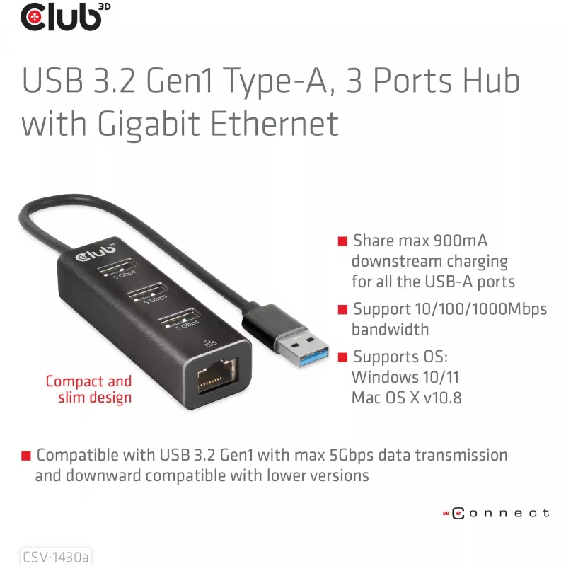 USB Hub CLUB3D USB 3.2 Gen1 Type-A με 3 θύρες και Gigabit Ethernet