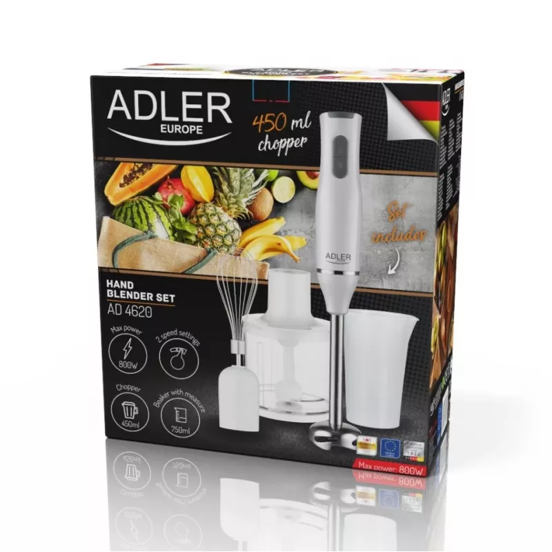 Adler AD 4620 σετ μπλέντερ χειρός, 800 W, 2 ταχύτητες, κόπτης 450 ml, δοχείο 750 ml, αυγοδάρτης, λευκό