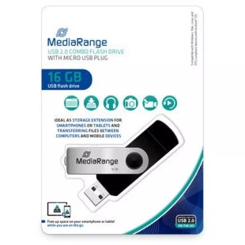 MEDIARANGE MR931-2 - 16 GB - USB Type-A / Micro-USB - 2.0 - 15 MB/s - περιστρεφόμενος δακτύλιος - ασημί - μαύρο