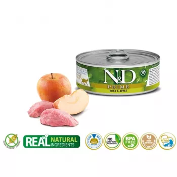 Υγρή τροφή για γάτες Farmina N&D Prime Boar & Apple σακουλάκι 70 g — ενήλικες γάτες, 13% πρωτεΐνη, 75% υγρασία, χωρίς γλουτένη