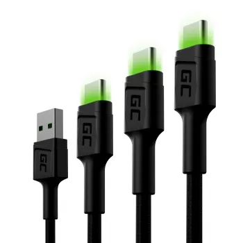 Green Cell GC Ray KABGCSET01 σετ καλωδίων USB-A σε USB-C, 3 τεμ. (30 cm, 120 cm, 200 cm), πράσινο LED, γρήγορη φόρτιση QC 3.0, μαύρο