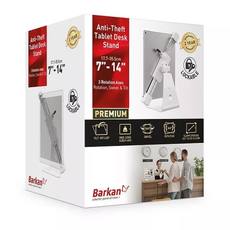 Barkan T71HL επιτραπέζια βάση tablet με κλειδαριά 7–14 ιντσών, περιστρεφόμενη 360°, λευκή