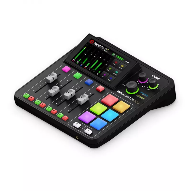 Studio controller RØDE Caster Duo Μαύρο — 2 Combo XLR/TRS, 2 TRS Line έξοδοι, 48 kHz, 24-Bit, οθόνη αφής, Wi‑Fi, Bluetooth
