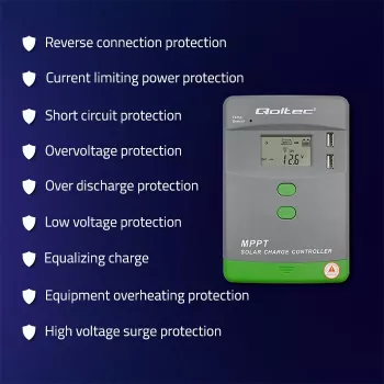 Qoltec, Ηλιακός ρυθμιστής φόρτισης MPPT με αισθητήρα θερμοκρασίας 20A 12V/24V Οθόνη LCD 2 X USB