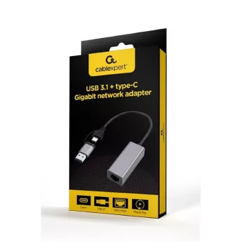 Gembird A-USB3AC-LAN-01 προσαρμογέας δικτύου Gigabit USB 3.1 + Type-C, 1x RJ-45, 10/100/1000 Mbps, μεταλλικό περίβλημα, space grey
