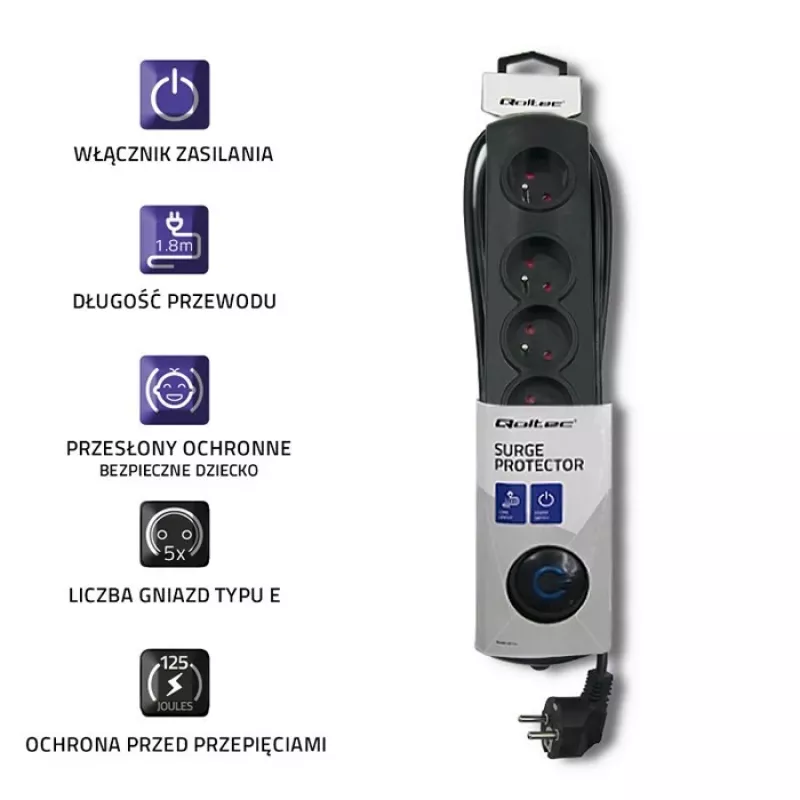 Προστασία Υπέρτασης Qoltec 50269 Μαύρο 5 πρίζες AC 230V