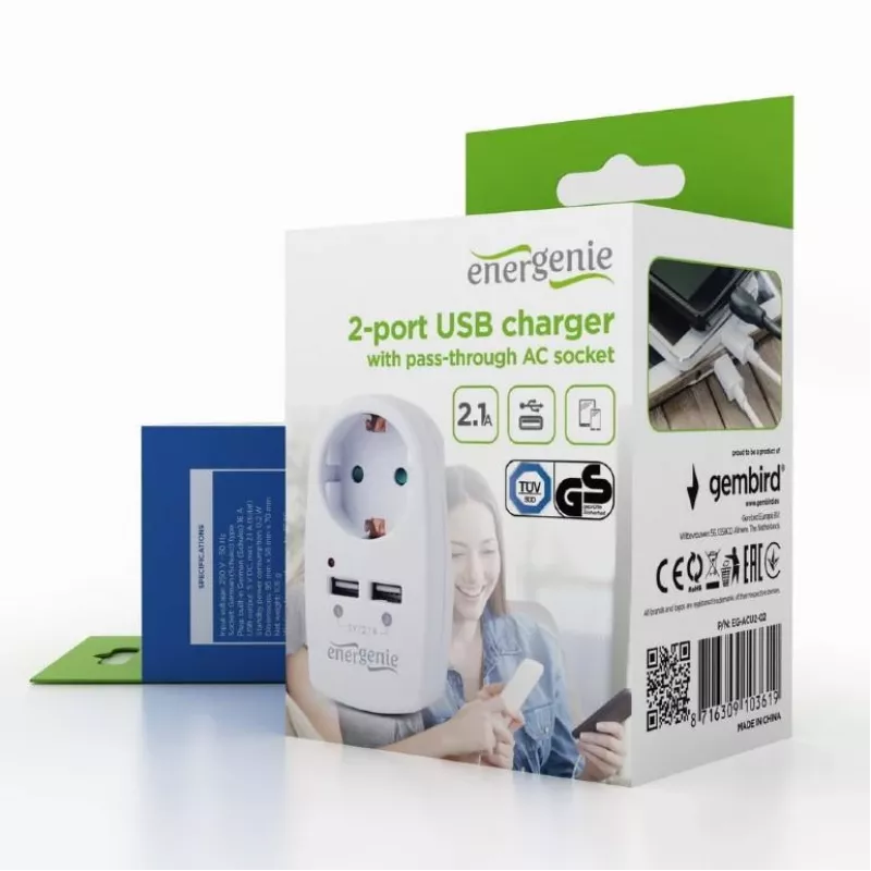 Φορτιστής USB με πρίζα διέλευσης/EG-ACU2-02 Gembird