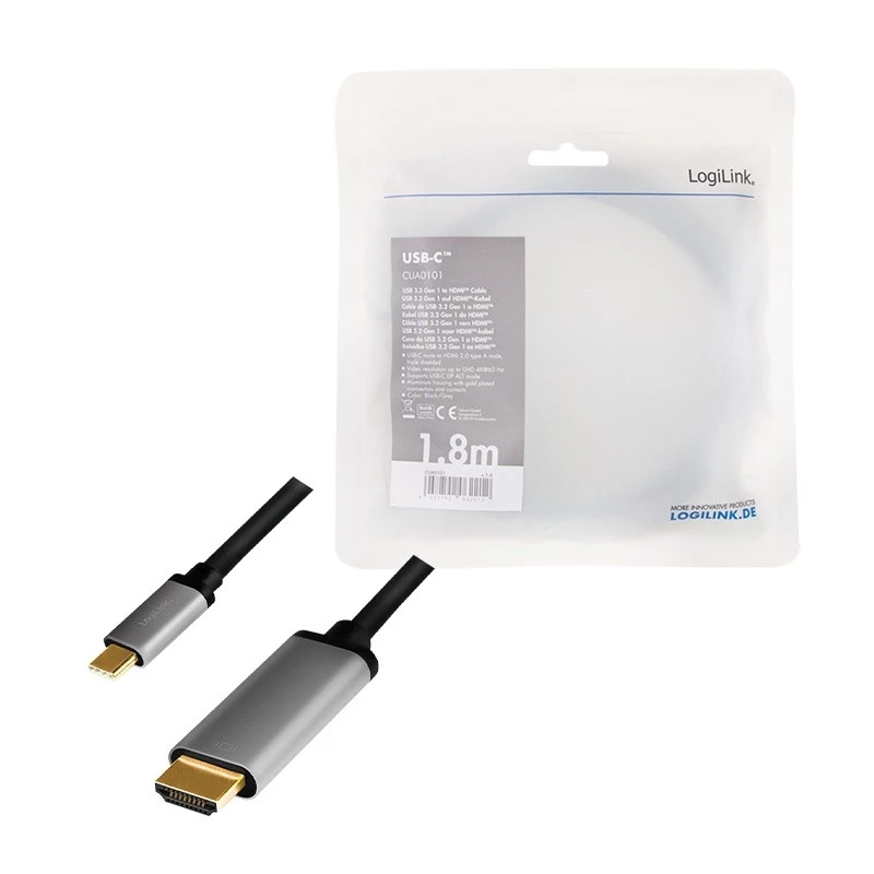 LogiLink CUA0101 Καλώδιο USB 3.2 Gen1 Type-C σε HDMI-A 1,8 m Μαύρο Γκρι