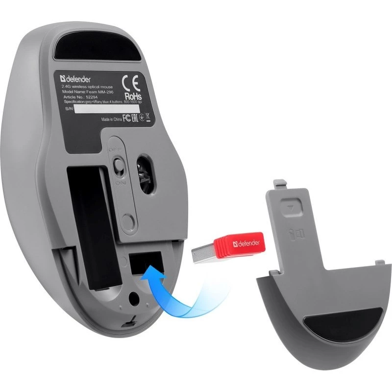 Defender Feam MM-296 52294 ασύρματο ποντίκι, αθόρυβο κλικ, οπτικό, 1600 DPI, USB, μέντα