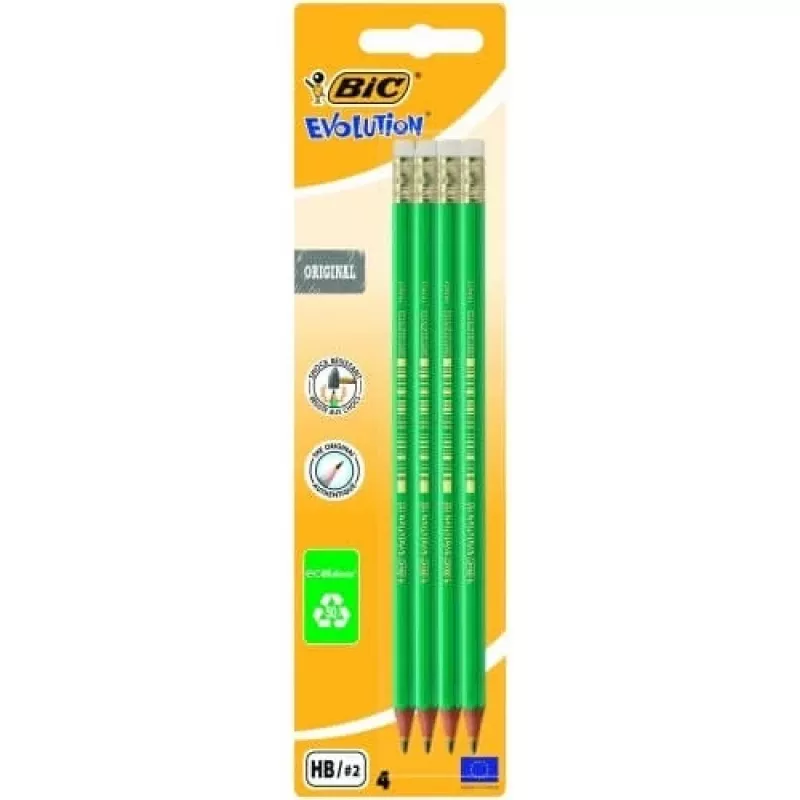 Μολύβια BIC EVOLUTION Original με γόμα, HB, συσκευασία 4 τεμ. 049012