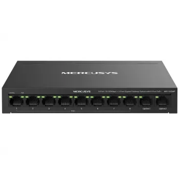 Διακόπτης δικτύου MERCUSYS MS110CMP — 8 θυρών PoE, 10 θύρες Gigabit RJ‑45 συνολικά, προϋπολογισμός PoE 115 W, τοποθέτηση σε γραφείο/τοίχο, μαύρο