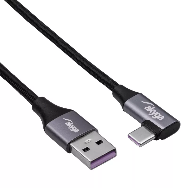 Akyga AK-USB-58 γωνιακό καλώδιο USB-C σε USB-A, 30 cm, 60 W, πλεκτό, μαύρο