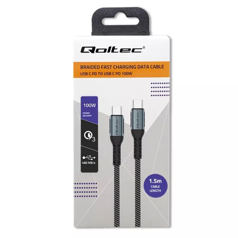 Qoltec 52358 καλώδιο USB-C σε USB-C, USB 2.0, 480 Mbps, 100 W PD, QC 3.0, πλεκτό νάιλον, 1,5 m, μαύρο