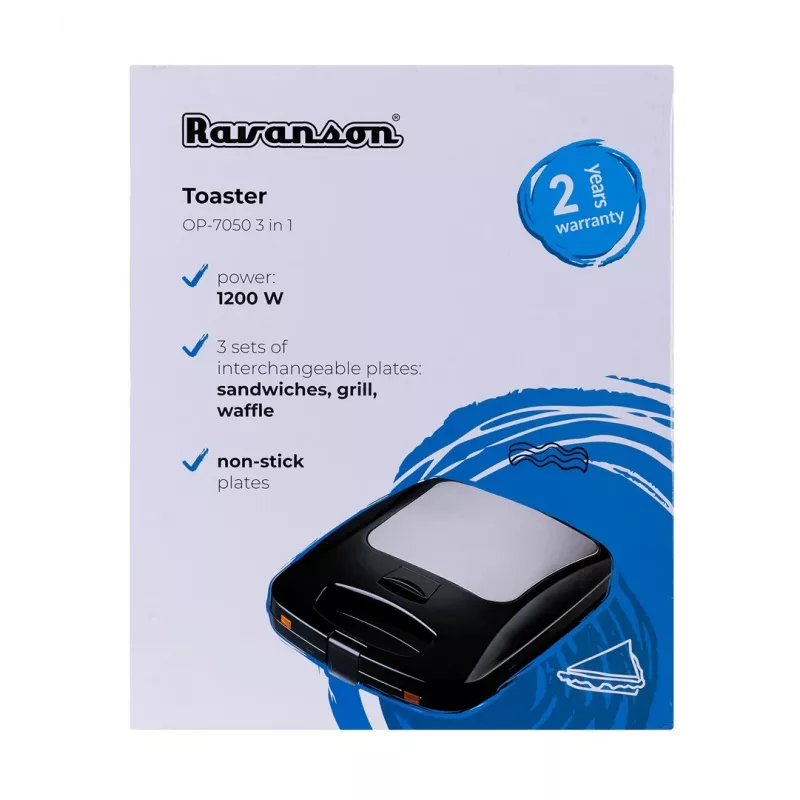 Τοστιέρα 3 σε 1 Ravanson OP-7050, 1200 W, μαύρο/ασημί