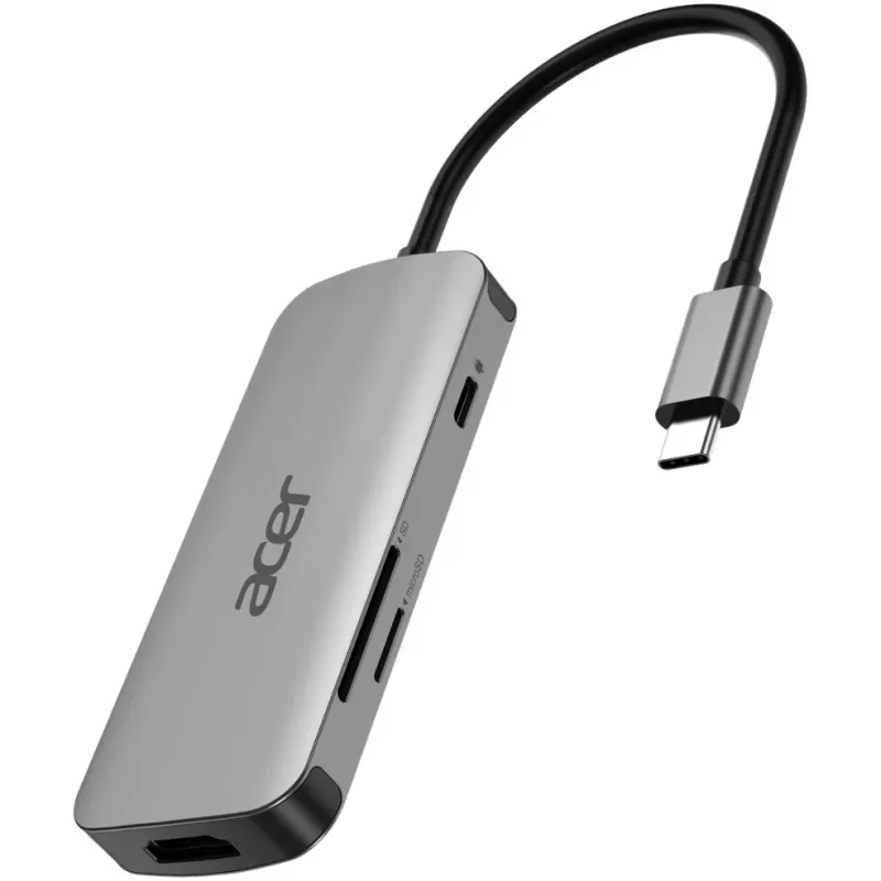 Acer HP.DSCAB.018 dongle USB-C 7 σε 1, 3x USB-A 5 Gb/s, HDMI 4K 60 Hz, SD/microSD, 100 W PD, ασημί