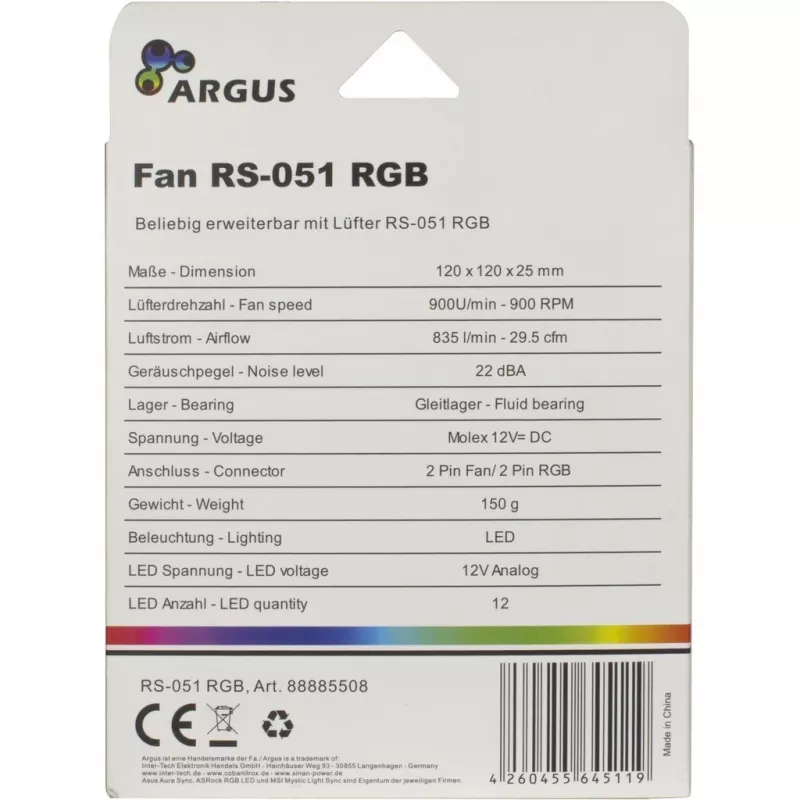 INTER-TECH Argus RS-051 RGB ανεμιστήρας κουτιού 120 mm, 900 σ.α.λ., μαύρος