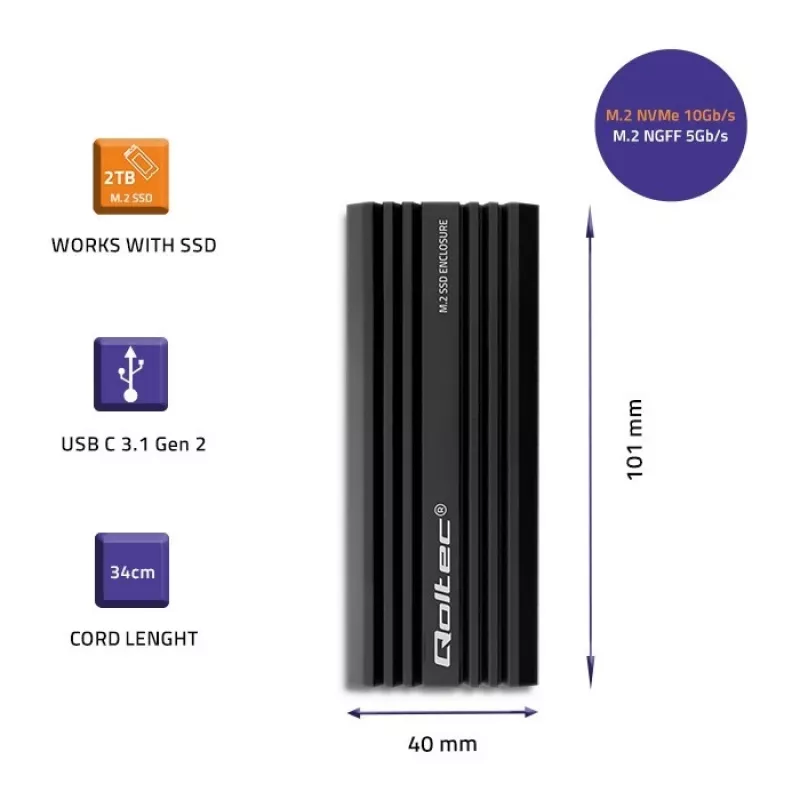 Εξωτερική θήκη SSD QOLTEC NV2270 για μονάδες M.2 SATA/NVMe, USB-C, έως 2 TB