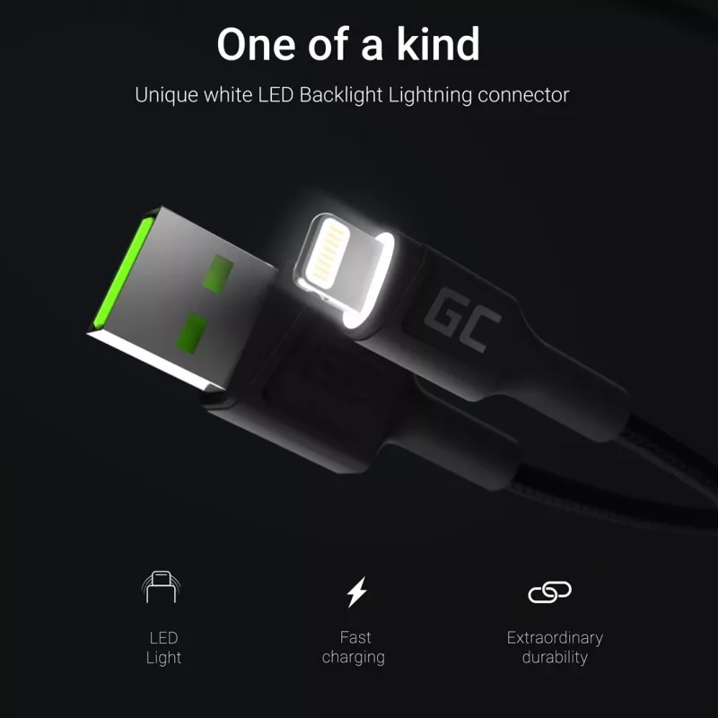 Καλώδιο Lightning σε USB-A Green Cell KABGC12, 2 m, Lightning – USB A, μαύρο