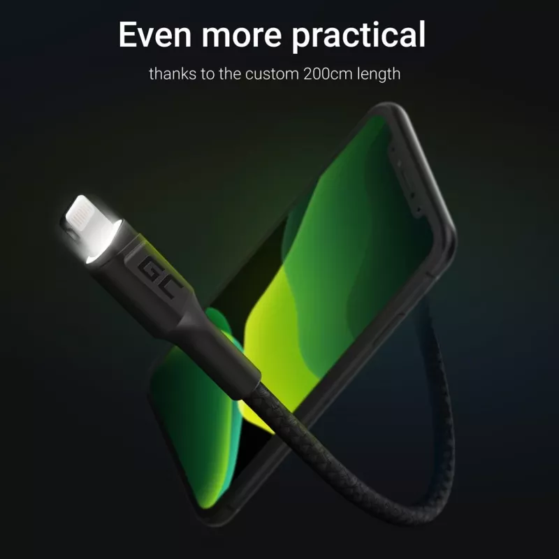 Καλώδιο Lightning σε USB-A Green Cell KABGC12, 2 m, Lightning – USB A, μαύρο
