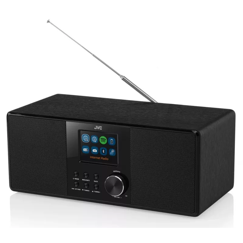 Ραδιόφωνο Internet JVC RA-E981B — ροή Wi‑Fi & Bluetooth, DAB+, FM, 2x5W, 40 μνήμες σταθμών, USB, AUX, οθόνη LCD