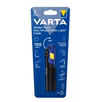 Φορητός φακός εργασίας Varta Work Flex Μαύρο LED, 100 lm, ενσωματωμένη μπαταρία, 6 h, Αλουμίνιο/Νάιλον/PC/Λάστιχο, 120 mm