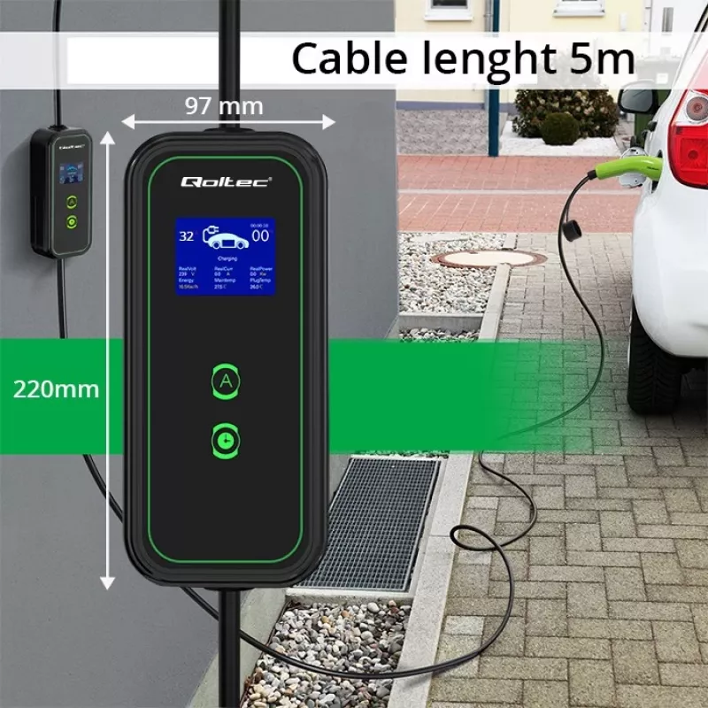 Qoltec Mobile EV Car Charger Adjustable 2in1 Type2 | 7kW | 230V | CEE 3 PIN | Wi-fi| LCD | φορητός | Wallbox | 5m