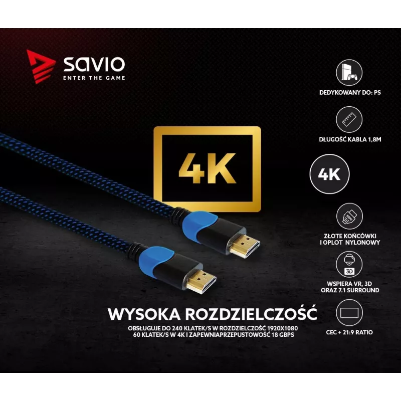 Καλώδιο HDMI Savio GCL-02 1,8 m HDMI Type-A (Standard) μαύρο, μπλε