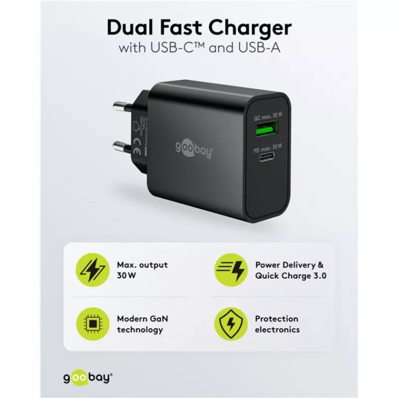 Goobay USB-C PD GaN Dual-γρήγορος φορτιστής 30 W μαύρο (75335)