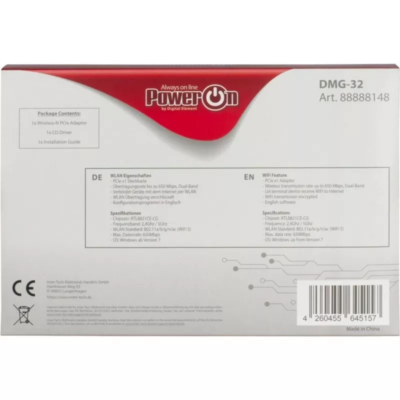 Inter-Tech DMG-32 - Ενσωματωμένο - Ασύρματο - PCI Express - Wi-Fi - 650 Mbit/s - Μαύρο - Ασημί (88888148)