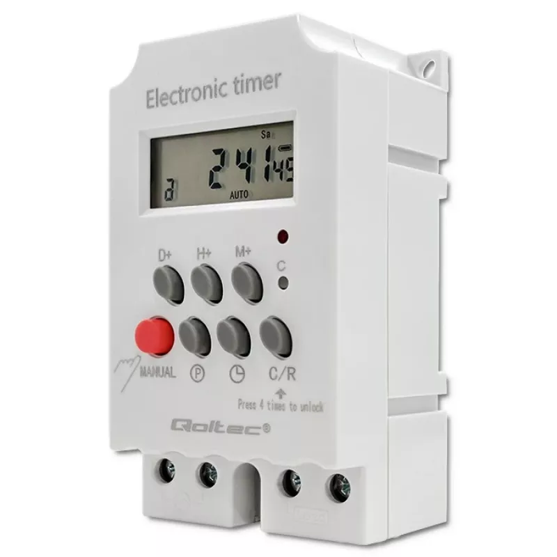 Ηλεκτρονικός χρονοδιακόπτης ράγας DIN QOLTEC PC0629 — τροφοδοσία 24V, έξοδος 16A