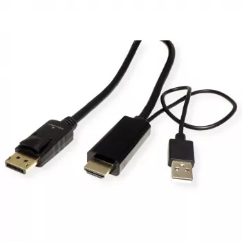 ROTRONIC-SECOMP Roline - Καλώδιο βίντεο - HDMI, USB (μόνο τροφοδοσία) αρσενικό σε DisplayPort αρσενικό - 2 m - θωρακισμένο - Μαύρο - υποστηρίζει 4K 60 Hz (384