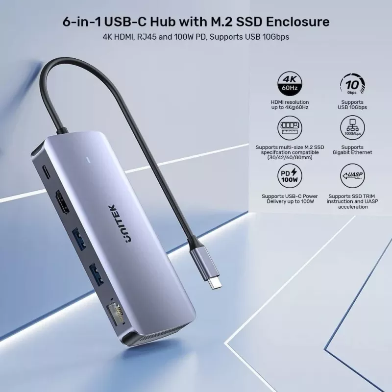 UNITEK Ενεργός Hub USB-C 10GBPS,M.2,HDMI, PD 100W