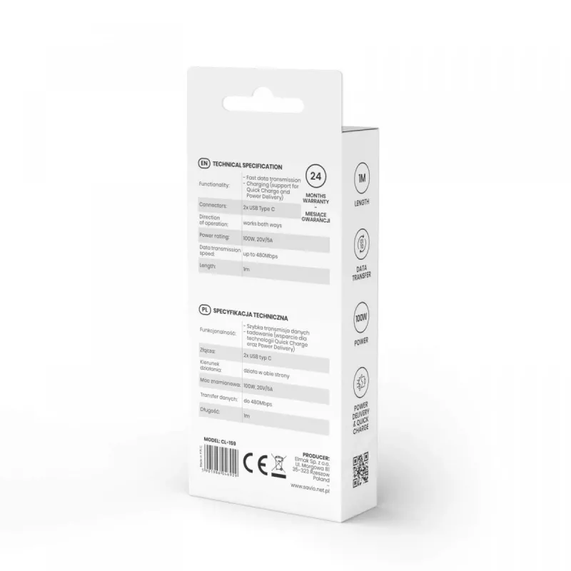 Καλώδιο USB-C σε USB-C SAVIO CL-159 1 m, USB 2.0 (480 Mbit/s), μαύρο, 2,1 A