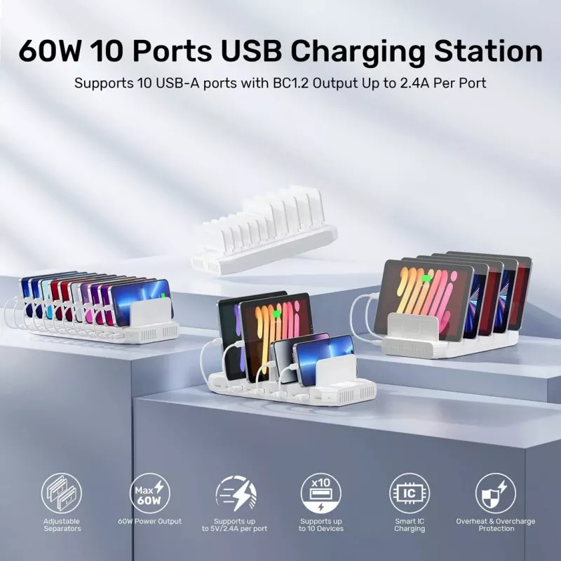 Σταθμός φόρτισης Unitek 10X USB 2.4A 60W λευκό