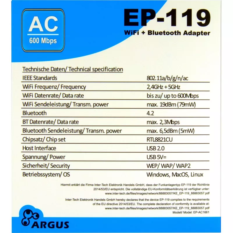 Προσαρμογέας USB-WLAN/Bluetooth INTER-TECH EP-119, Wi-Fi 5 (802.11ac) Dualband 600 Mbit/s