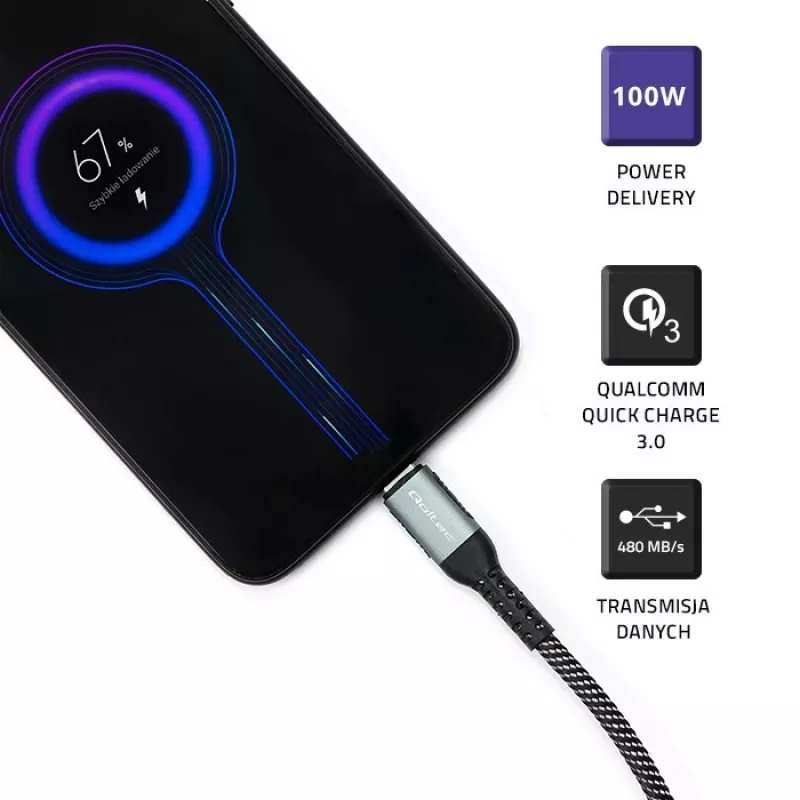 Qoltec 52358 καλώδιο USB-C σε USB-C, USB 2.0, 480 Mbps, 100 W PD, QC 3.0, πλεκτό νάιλον, 1,5 m, μαύρο