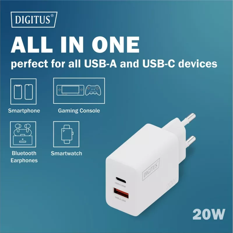 Φορτιστής AC USB DIGITUS 20W, 1x USB-C, 1x USB-A, είσοδος 100–240V, λευκό