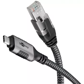 Καλώδιο Ethernet USB-C 3.2 Gen2 βύσμα αρσενικό > βύσμα αρσενικό RJ-45, adapter LAN μαύρο/ασημί, 2 μέτρα, πλεκτό περίβλημα υφάσματος