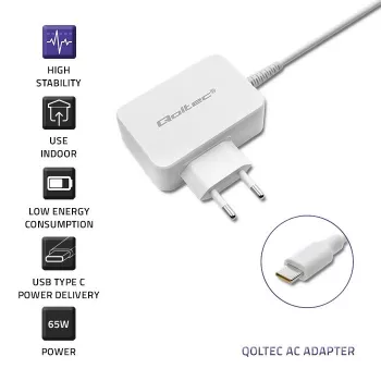 Qoltec 51039 τροφοδοτικό 65 W USB-C PD, 5–20,3 V, 2–3,25 A, ενσωματωμένο καλώδιο USB-C, λευκό