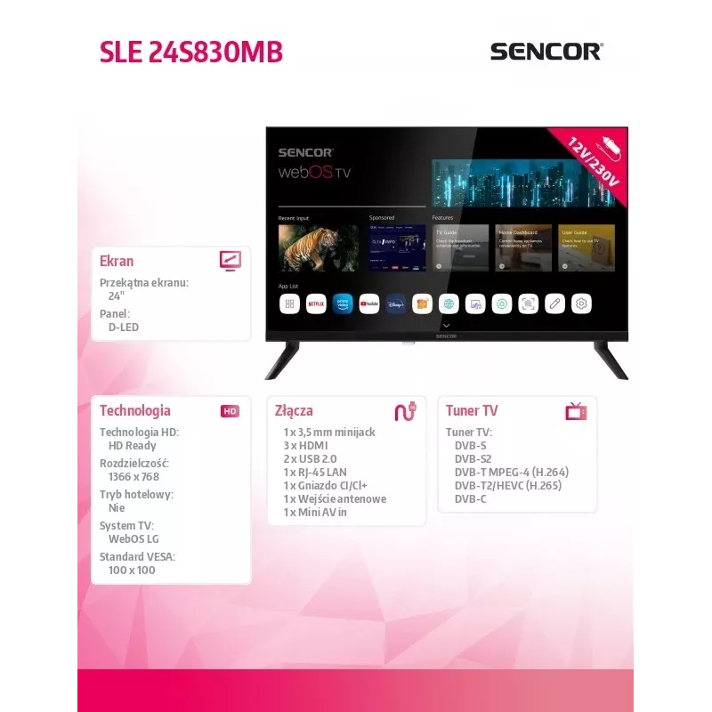 Τηλεόραση LED Smart Display 24 ιντσών SENCOR SLE 24S830MB — ανάλυση HD, ενεργειακή κλάση E