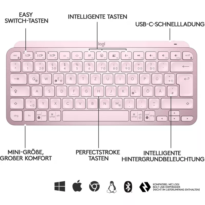 Logitech MX Keys Mini Minimalist Wireless Illuminated Πληκτρολόγιο - ROSE - CENTRAL (DE)