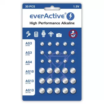 Αλκαλικές μπαταρίες everActive AGMIX30BL 1,5 V — Συσκευασία 30 τεμ., κουμπωτές μπαταρίες
