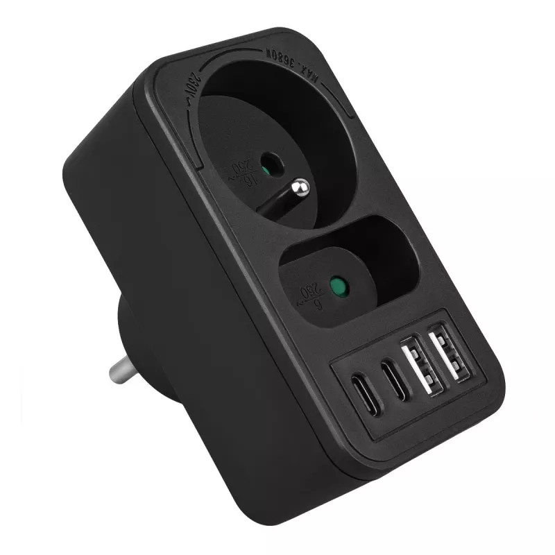 Πολύπριζο MACLEAN MCE249 F/B – 2 πρίζες AC (16A + 6A) με 2×USB-A και 2×USB-C PD 20W, βύσμα EU, μαύρο