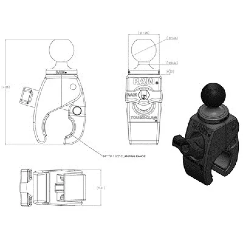 RAM Mounts RAP-B-400U Tough-Claw μικρή βάση σφιγκτήρα με σφαίρα 1 ίντσας (2,54 cm), για ράγες 0,625–1,14 ιντσών